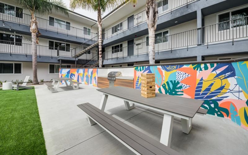 a grill area with tables